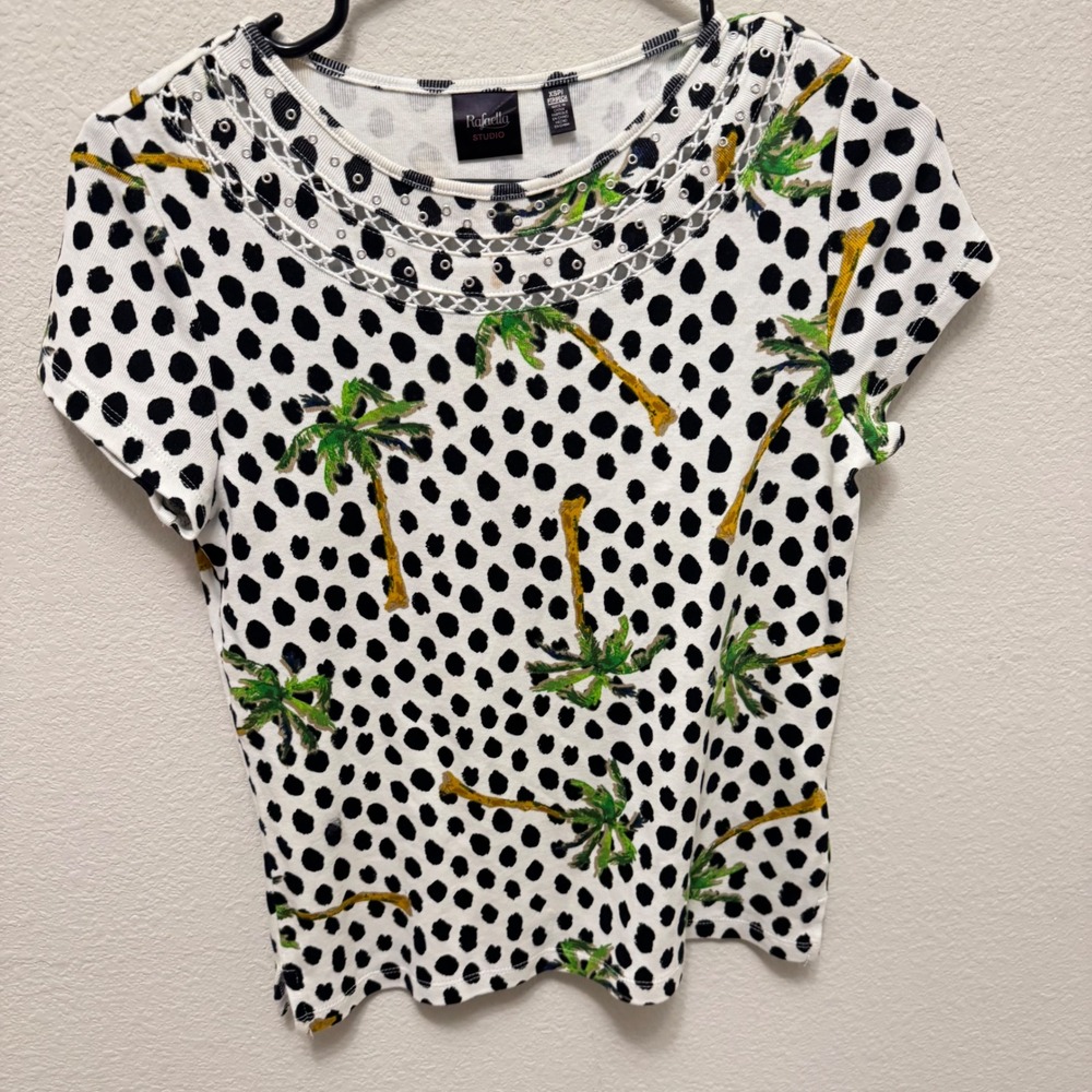 Raffaella Studio Women's White Black Polka Dot Palm‎ Tree Crew Neck T-Shirt XS